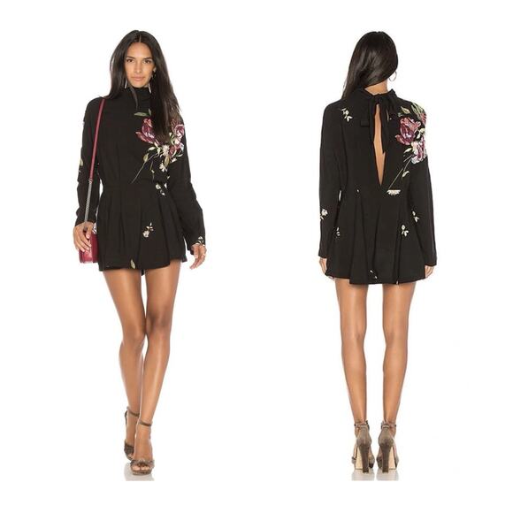 Free People Gemma Black Floral Mini Dress Large Dolman Mock Neck Tunic Fall $108 - Picture 1 of 15